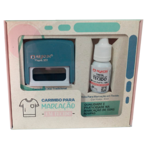 KIT DE CARIMBO PARA MARCAÇÃO EM TECIDO COM TINTA PRETA - AZUL PASTEL